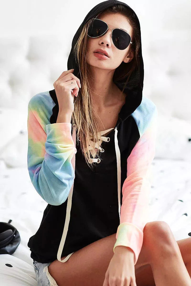 BiBi French Terry Lace Up Hoodie With Tie Dye Sleeves
