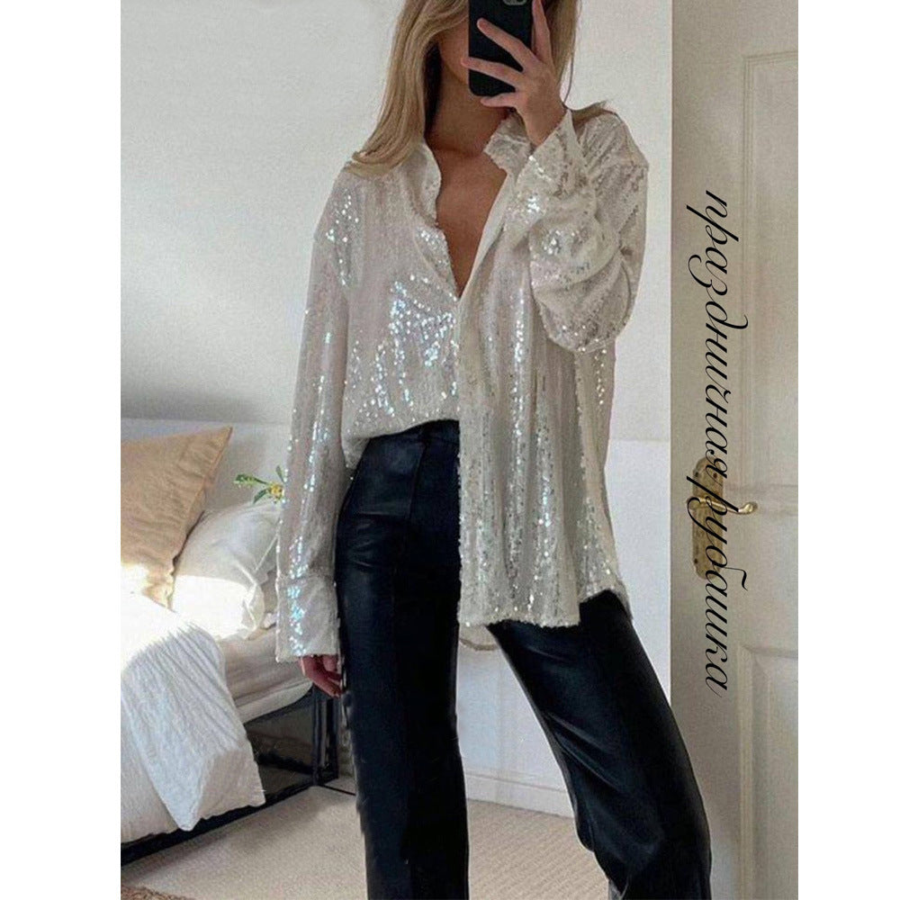 Sequin Lapel Long Sleeve Shirt See size chart under “more details”