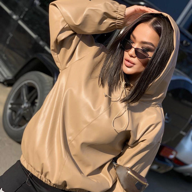 Women's Leather Versatile Round Neck Hoodie See size chart under “more details”