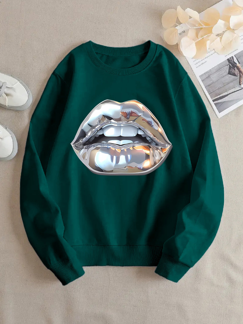 Womens Cartoon Silver Lip-Printed Sweatshirt See size chart under “more details”