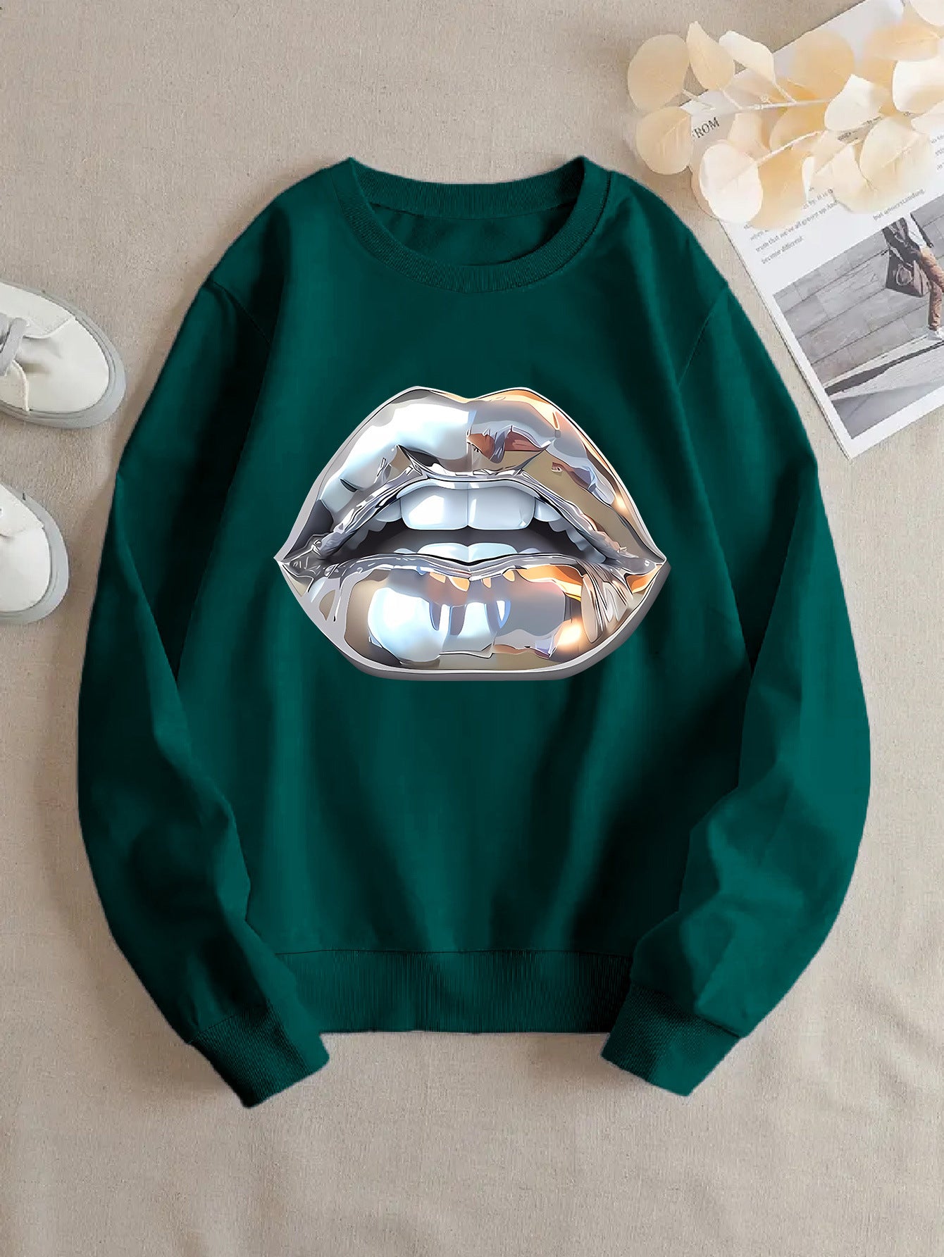 Womens Cartoon Silver Lip-Printed Sweatshirt See size chart under “more details”