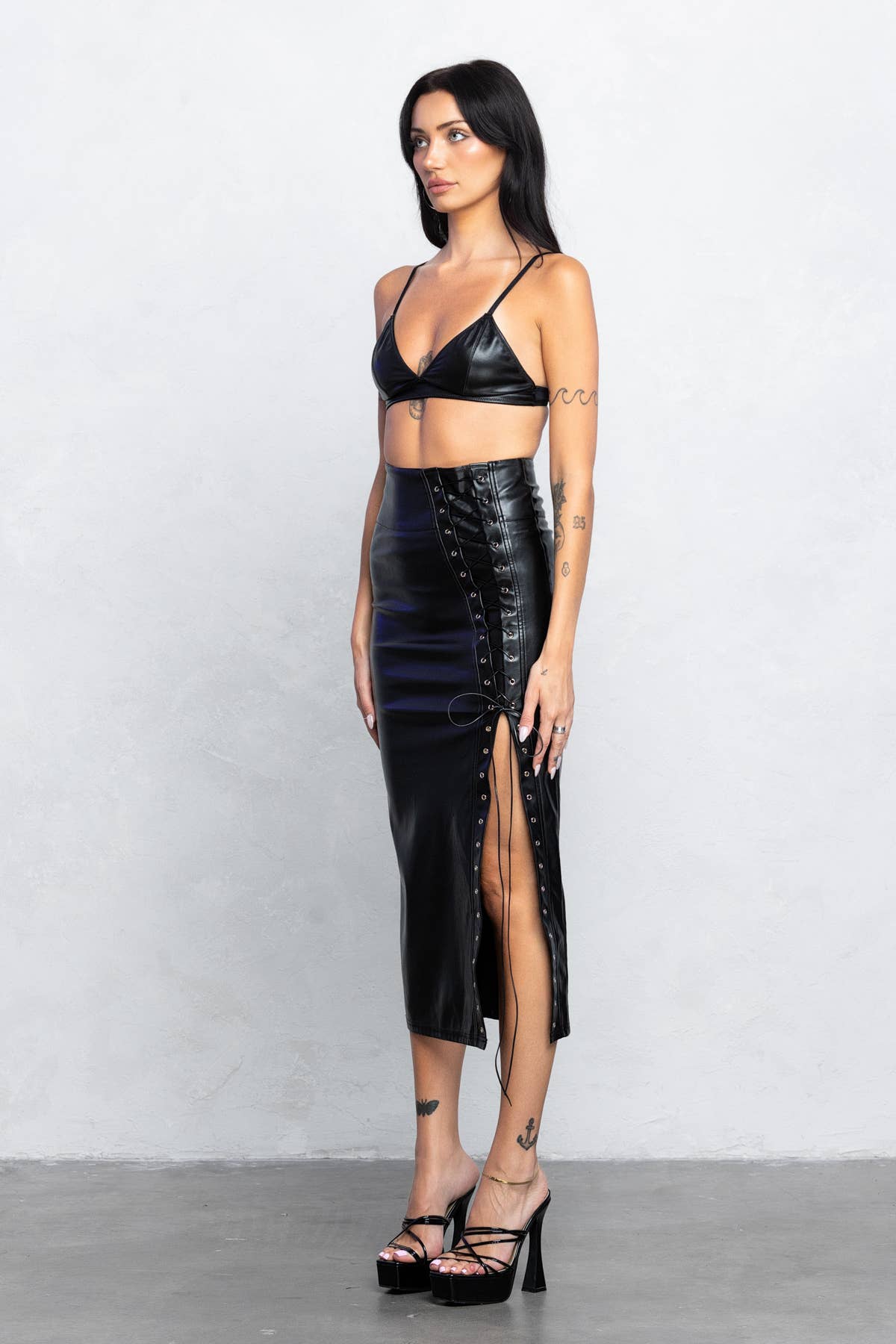 Gianna Lace Up Detail Faux Leather Midi Skirt With Side Slit