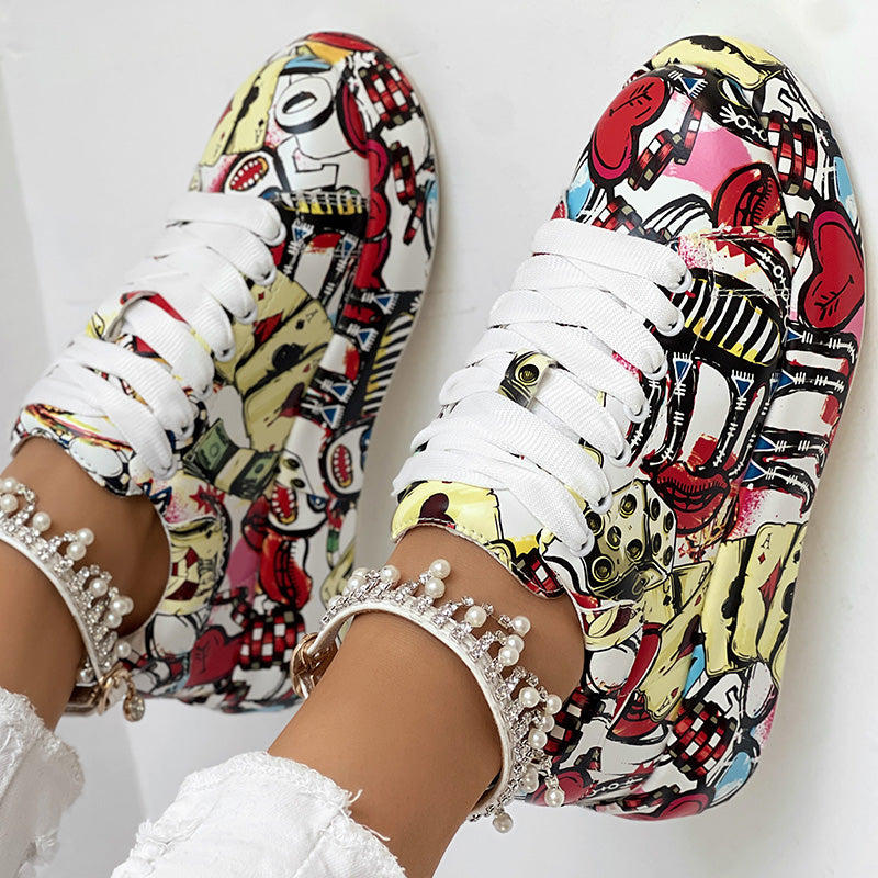 Women's Casual Round Toe Thick Sole Lace-Up Sneakers, Random Print Design, Comfortable Sporty Shoes For Daily Wear See size chart under “more details”