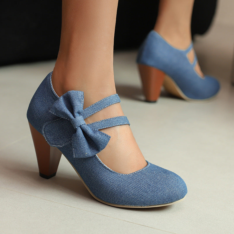 Round Toe High Heels Denim Bow See size chart under “more details”