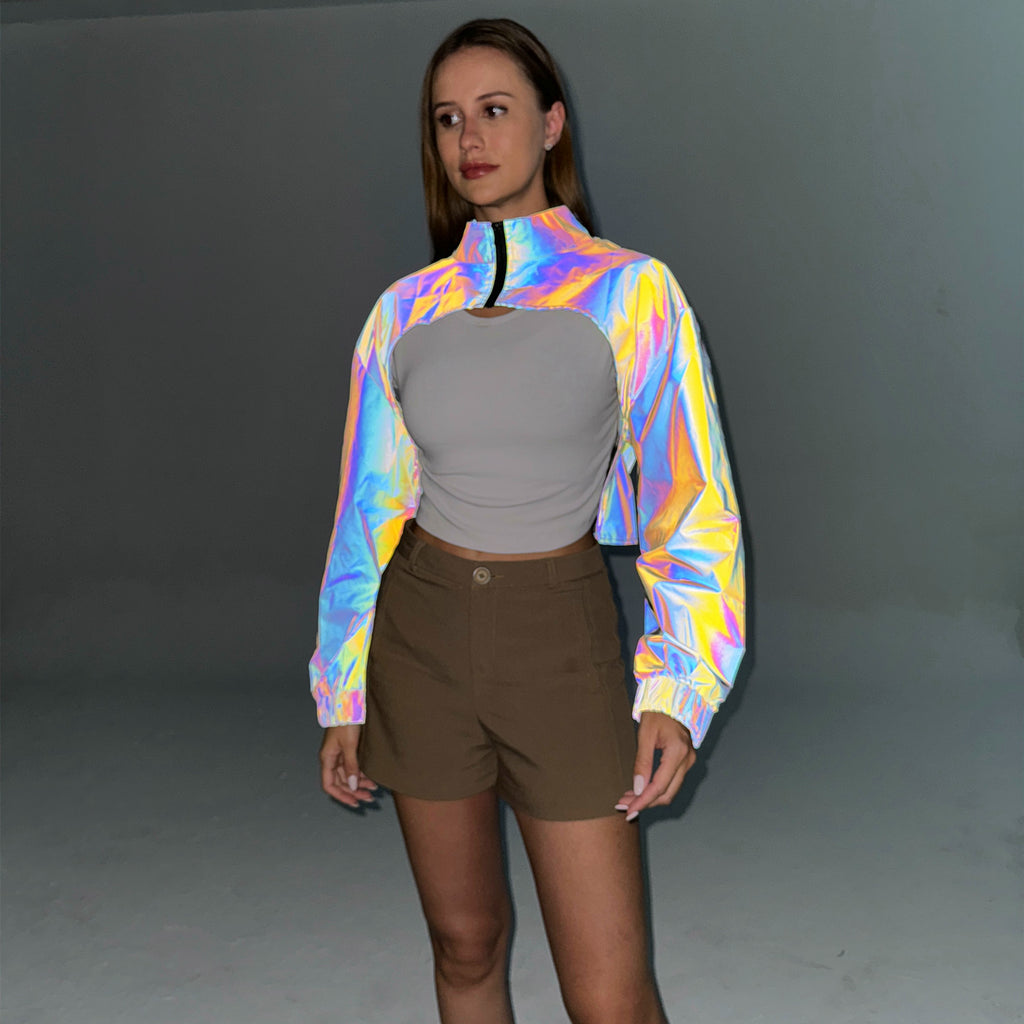 Women's Colorful Reflective Short Coat European And American See size chart under “more details”