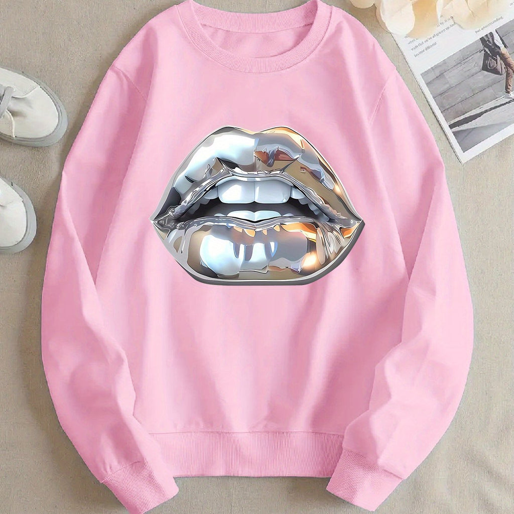 Womens Cartoon Silver Lip-Printed Sweatshirt See size chart under “more details”