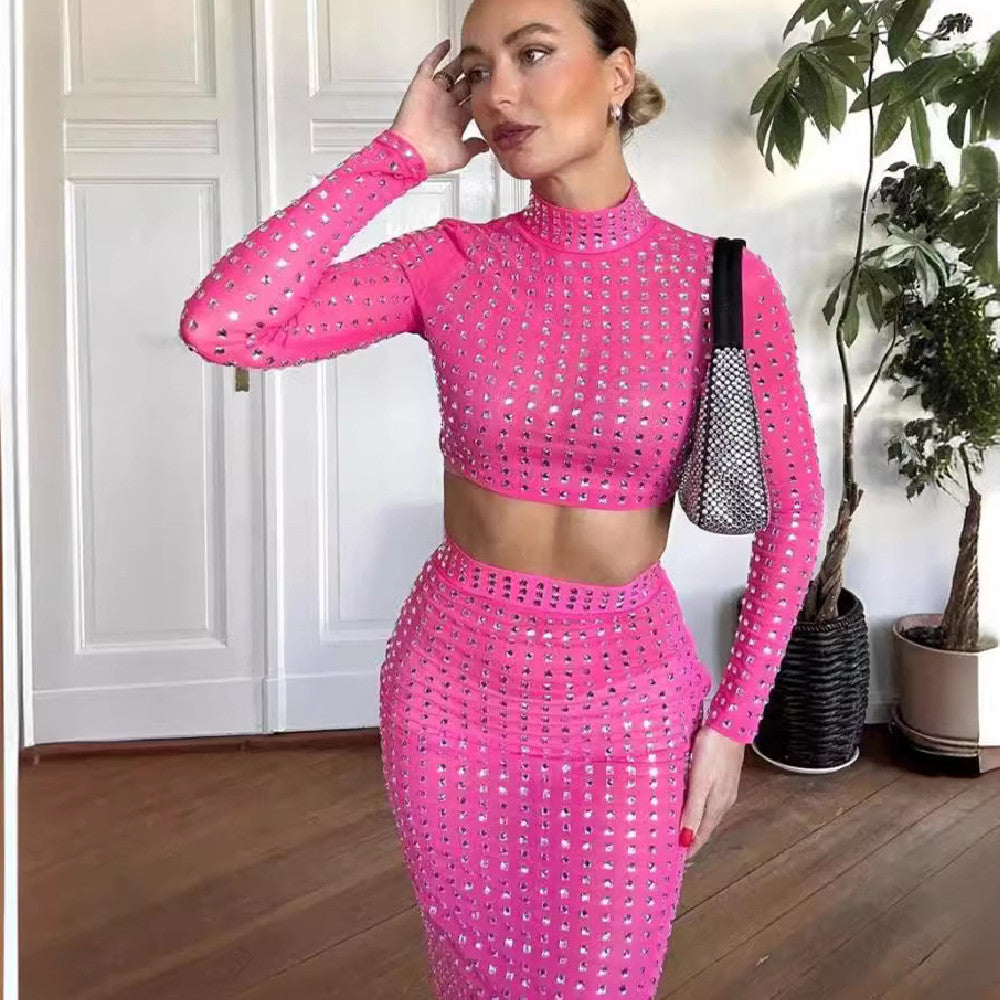 Hot Girl Women's Fashion Rivet Elastic Tight Skirt Suit See size chart under “more details”