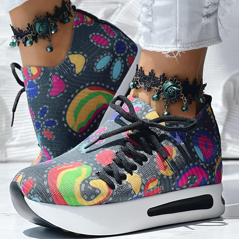 Women's Random Print Side Lace-Up Elastic Sport Shoes, Comfortable Slip-On Sneakers For Women, Casual Daily Wear Footwear See size chart under “more details”