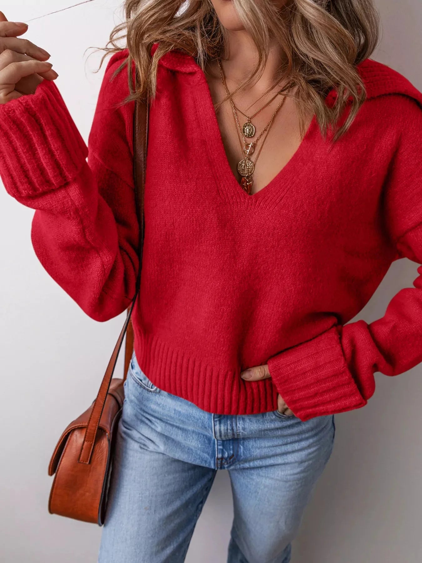 Collared Ribbed Edge V Neck Sweater