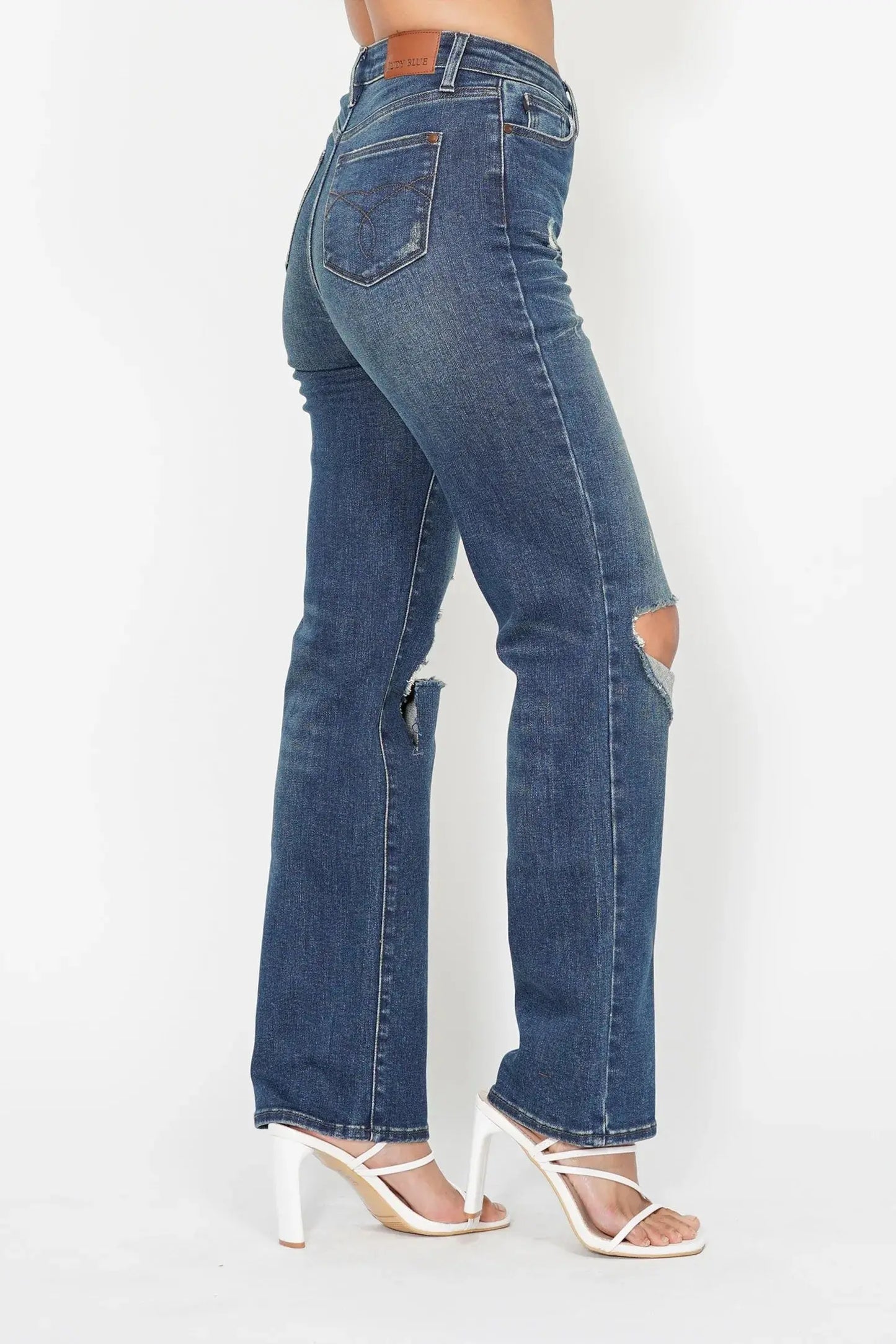 Full Size High Waist Ripped Knee Straight Leg Dad Judy Blue Jeans