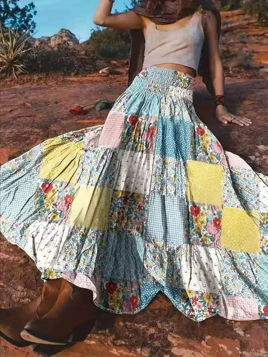 Smocked Waist Patchwork Tiered Bohemian Maxi Skirt with Pockets