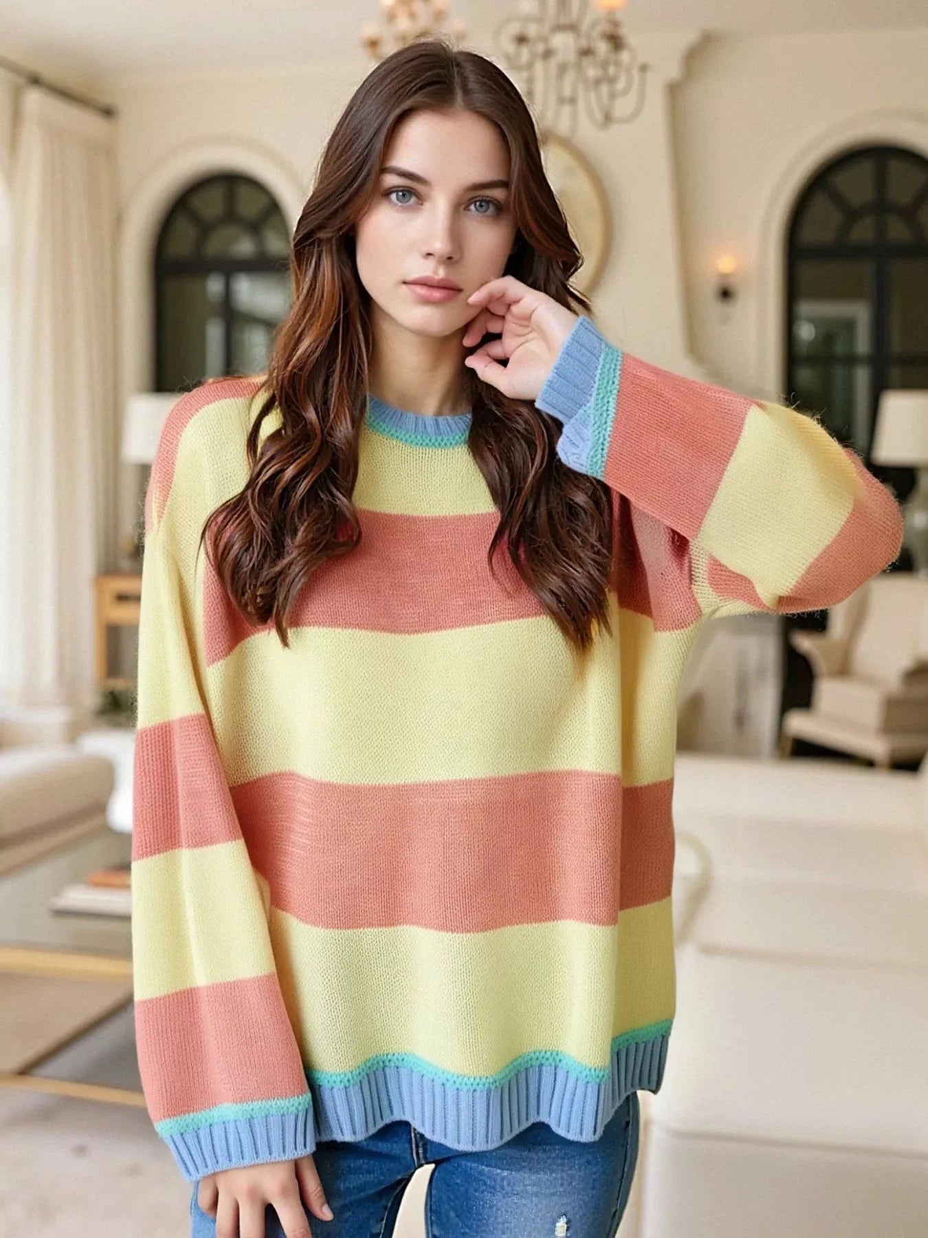 Color Block Oversized Round Neck Sweater