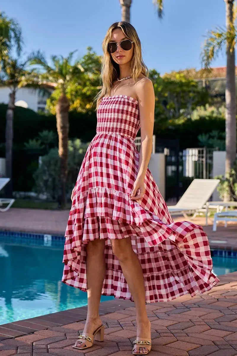BiBi Smocked Body Off Shoulder Check Dress (Red)