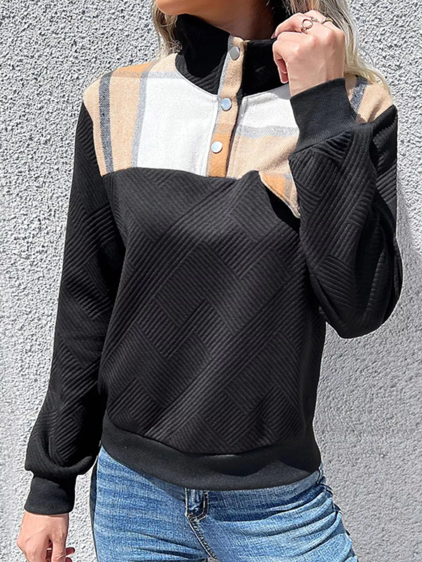 Color Block Texture Long Sleeve Sweatshirt