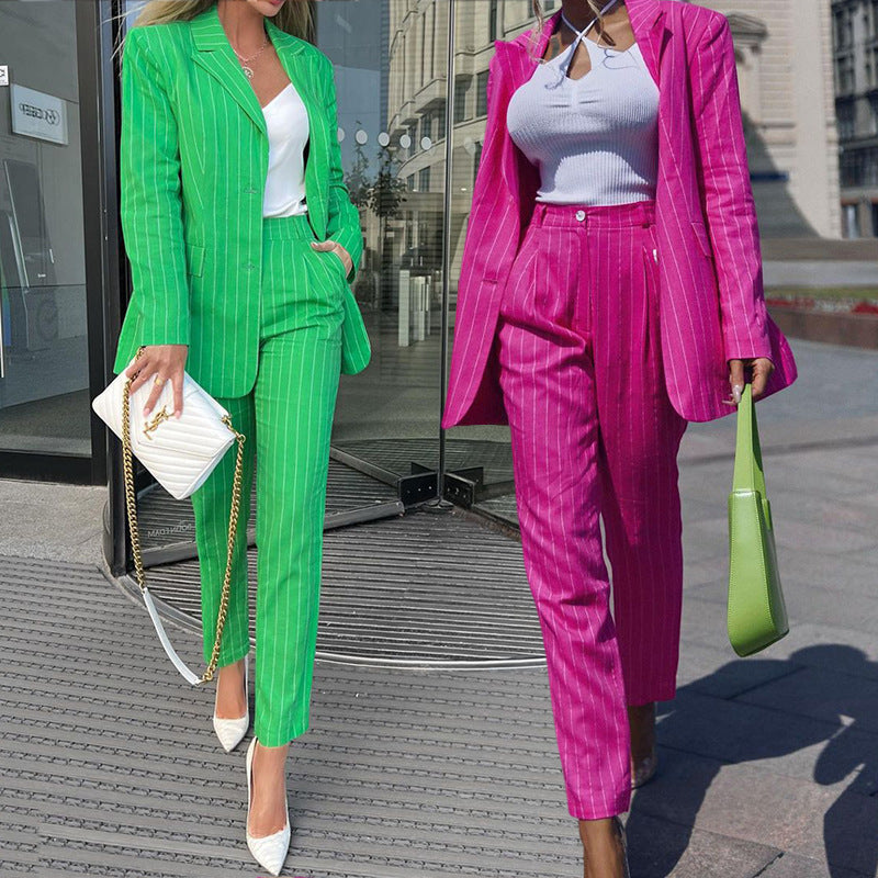 Women's Fashion Temperament Striped Lapel Two-piece Set See size chart under “more details”