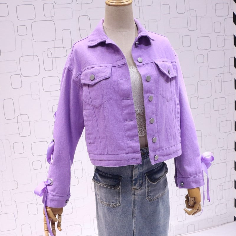 Short Denim Jacket, Bow Tie Jacket Top Purple See size chart under “more details”