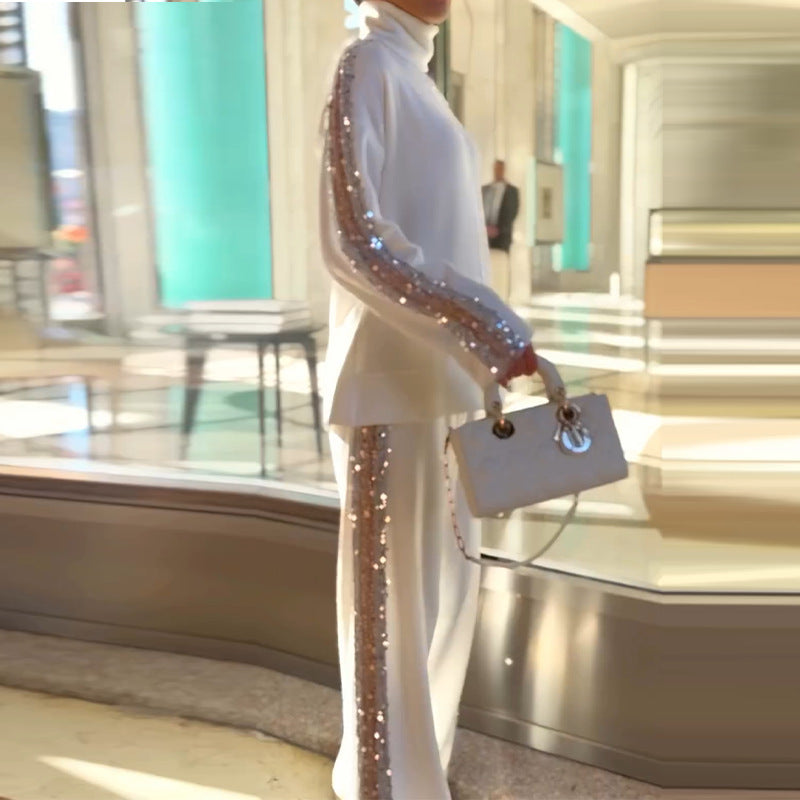 Turtleneck Fashion Niche Sequin Trim Blouse And Pants See size chart under “more details”