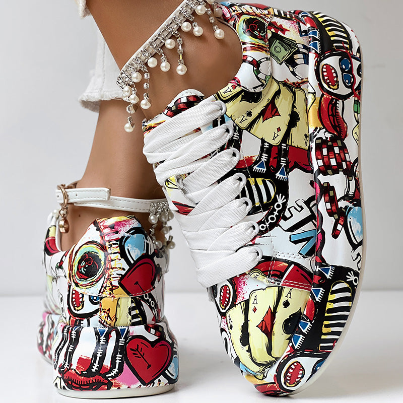 Women's Casual Round Toe Thick Sole Lace-Up Sneakers, Random Print Design, Comfortable Sporty Shoes For Daily Wear See size chart under “more details”