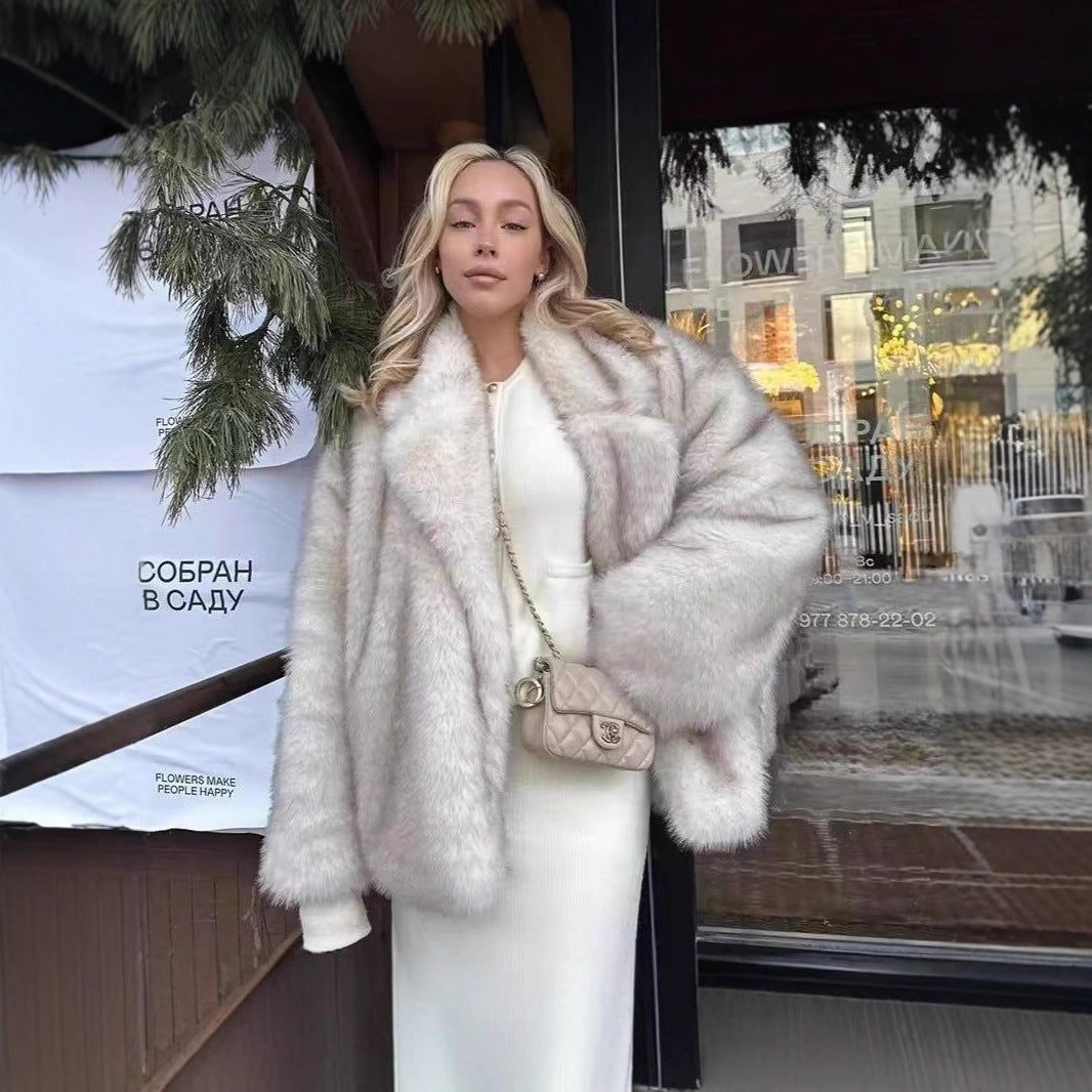 Mid Length Womens Faux Fox Fur Coat With A Blazer Style Collar