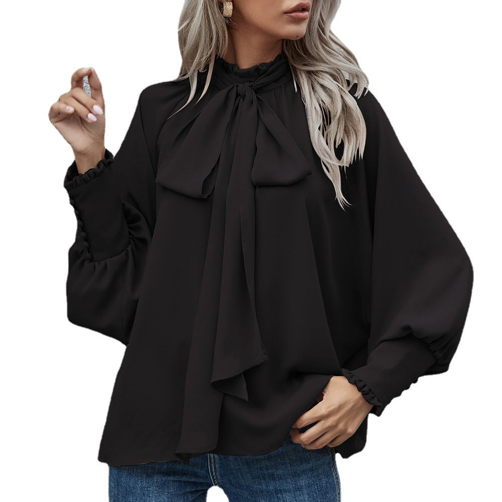 Ins Long-sleeved Blouse Bowknot Puff Sleeves Fashion Commuter Office Tops Women's Clothing See size chart under “more details”