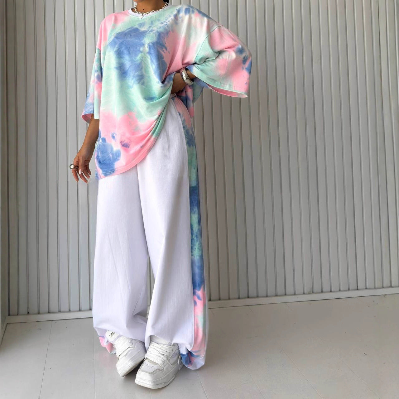 Womens Short-Sleeve Crew-Neck Tie-Dye T-Shirt And Pants Set