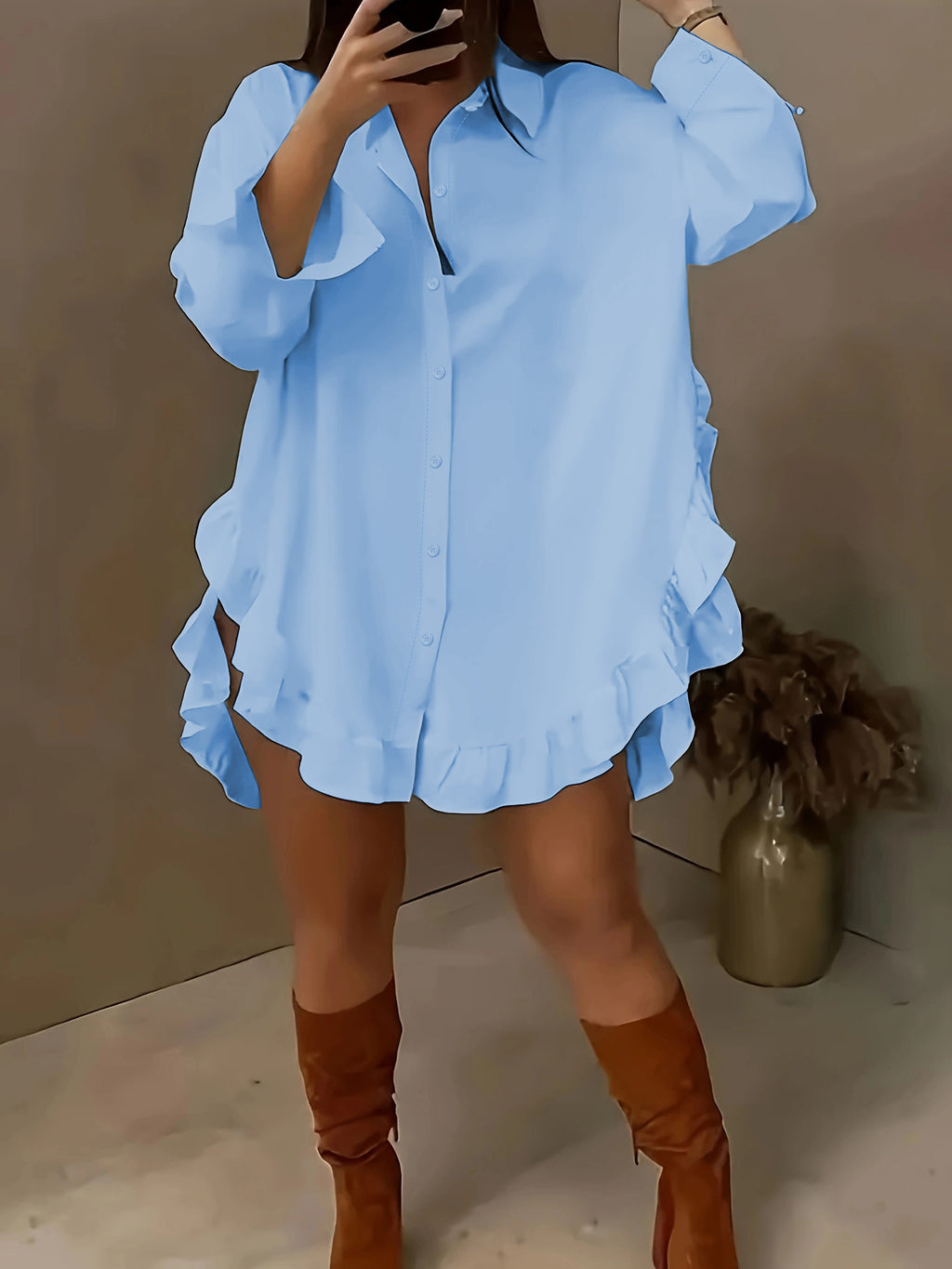 Hem Ruffled Casual Long Sleeve Shirt See size chart under “more details”