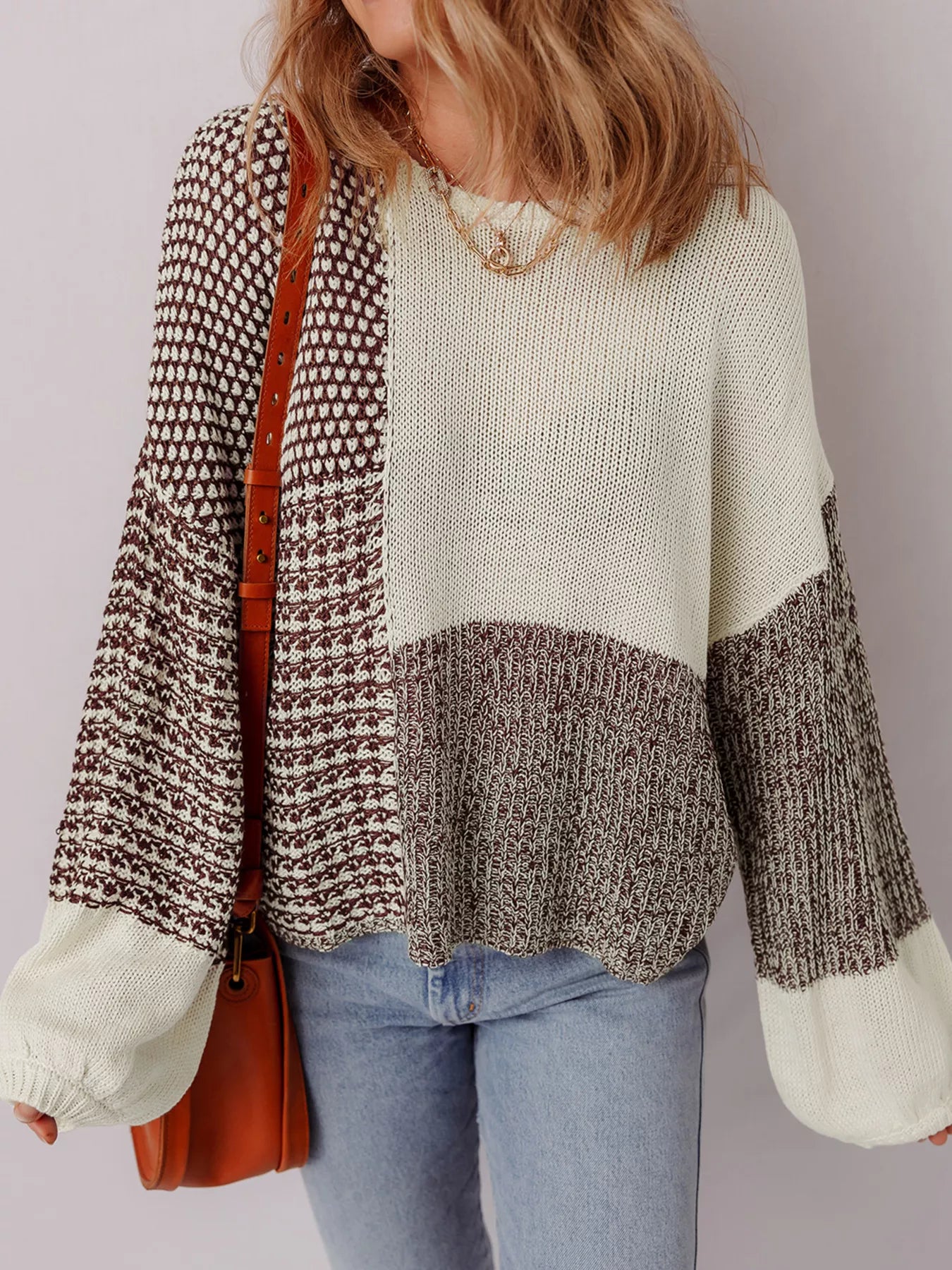 Color Block Loose Back Tie Drop Shoulder Sweater