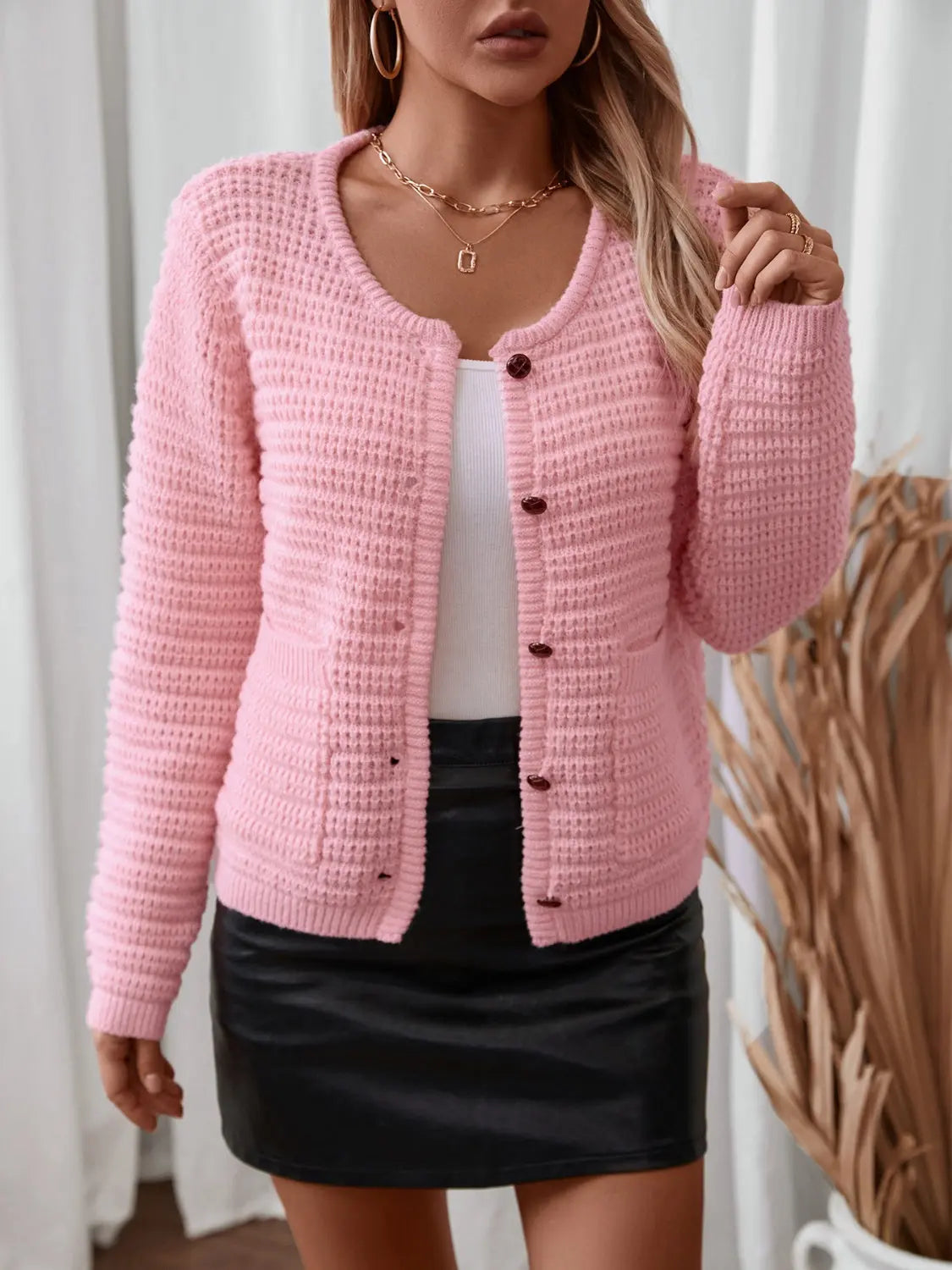 Textured Knit Button Up Long Sleeve Cardigan