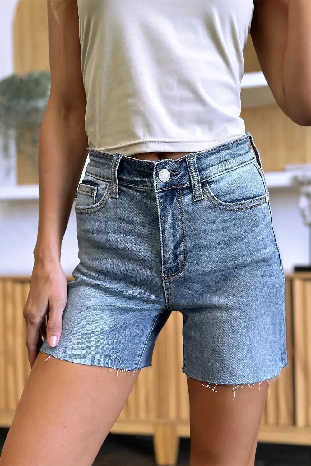 Judy Blue Jeans - Full Size High Waist Raw Hem Denim Shorts