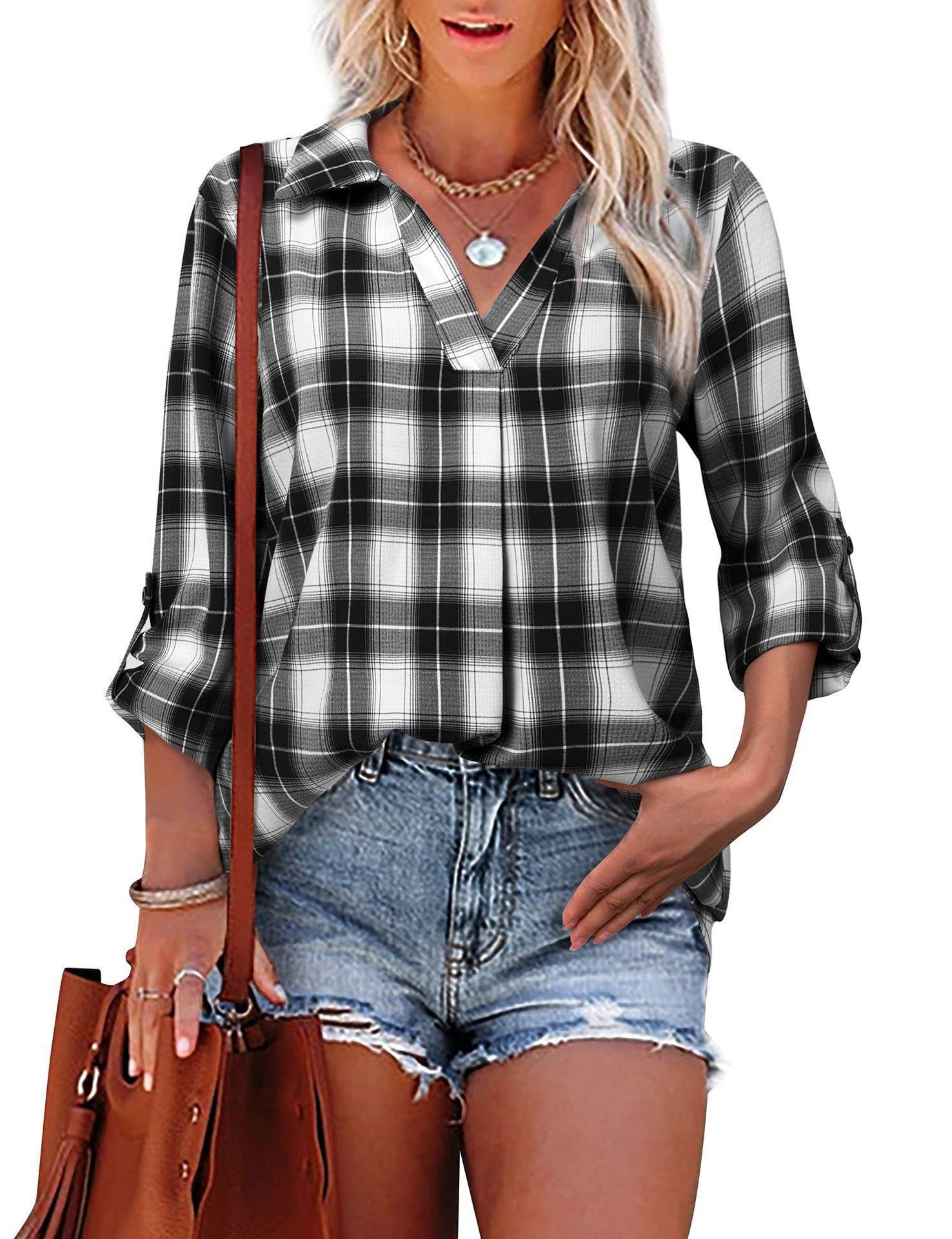 Lapel Loose Women's Plaid Shirt Commuter Style See size chart under “more details”