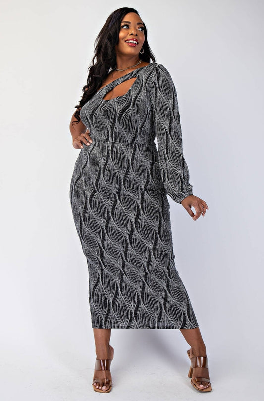 SABRINA PLUS SIZE GLITTER KNIT ONE SHOULDER DRESS WITH CUTOUT
