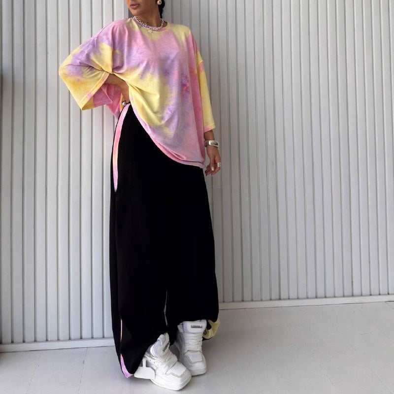 Womens Short-Sleeve Crew-Neck Tie-Dye T-Shirt And Pants Set