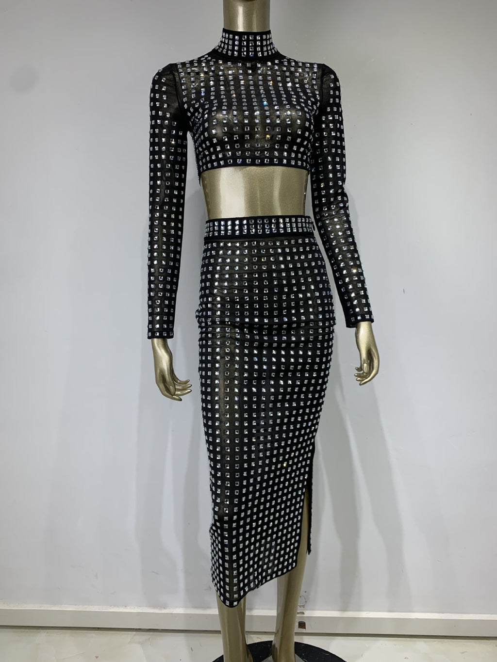 Hot Girl Women's Fashion Rivet Elastic Tight Skirt Suit See size chart under “more details”