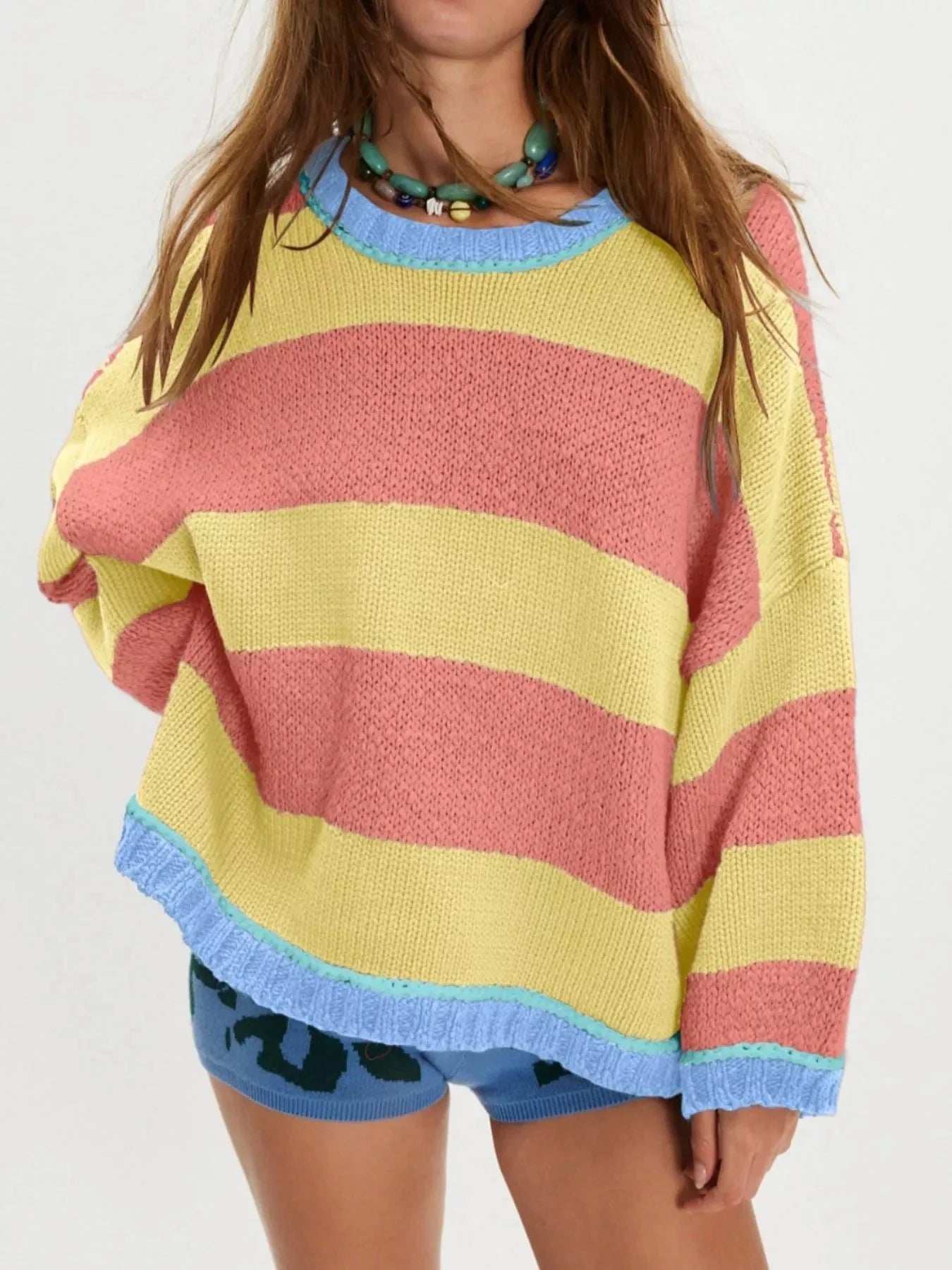 Color Block Oversized Round Neck Sweater
