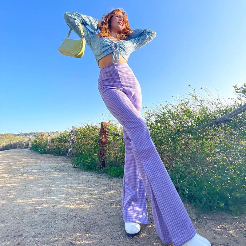 Checkerboard Pattern High Waist Bag Hip Flare Casual Women's Pants