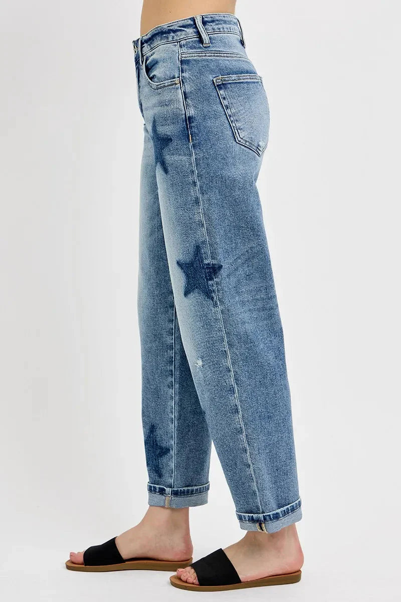 Full Size Mid Rise Boyfriend Star Shadow Detail Cuffed RISEN Jeans