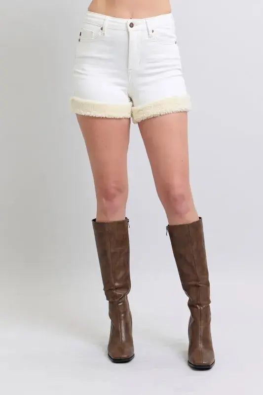 Judy Blue Jeans - Full Size High Waist Shearling Cuff Denim Shorts