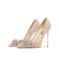 Genuine Leather Rhinestone Silver Bow High Heels See size chart under “more details”