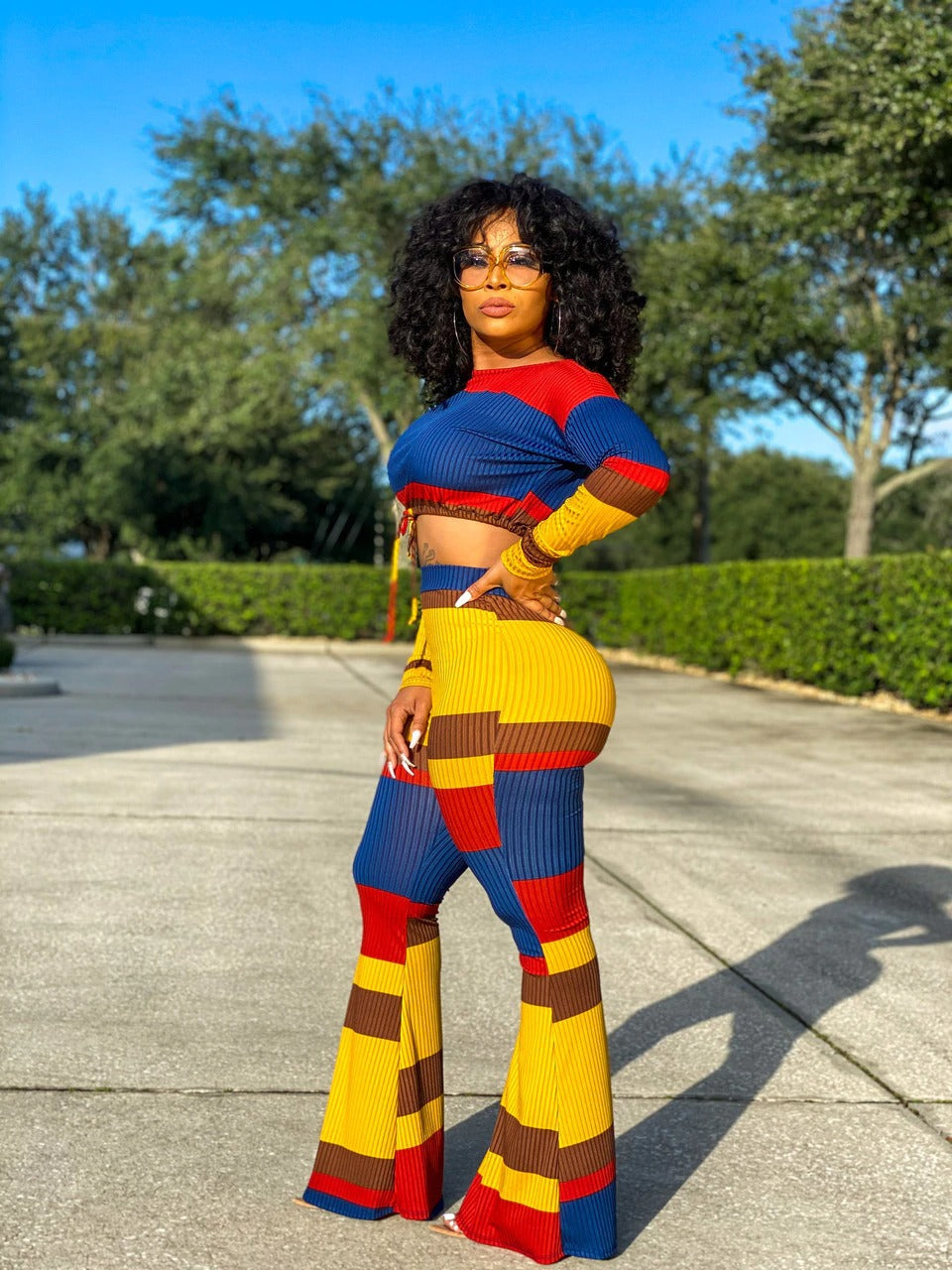 Dunhuang Hang Strip Flare Pants Suit