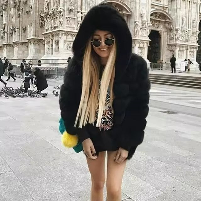 Women's Minimalist Hooded Patchwork Fur Grass Jacket (please see size chart for help with sizing or send us an email for assist. info@thefashioncelestial.com See size chart under “more details”