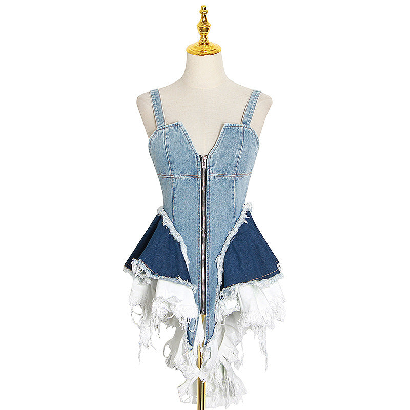 Color-blocking Denim Sling Waist Slimming Vest Top Women Trendy