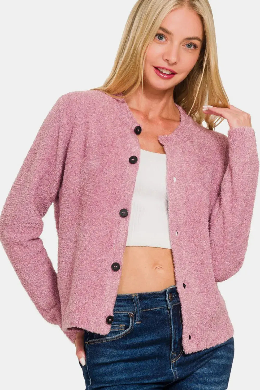 Zenana Button Down Long Sleeve Cardigan Sweater