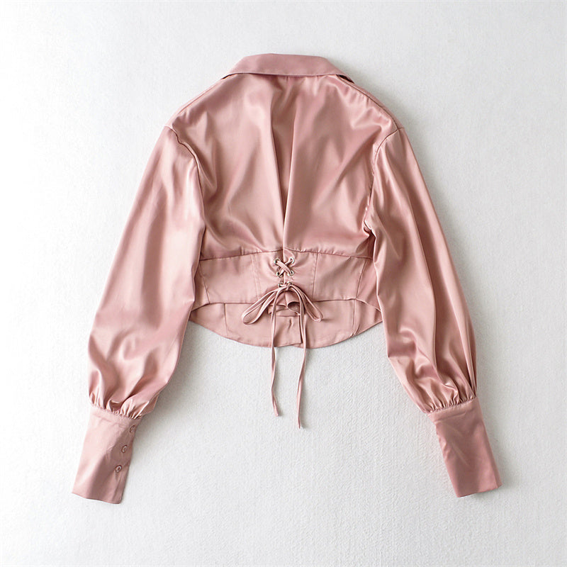 Women's Tie Waist Lapel Balloon Sleeve Shirt See size chart under “more details”