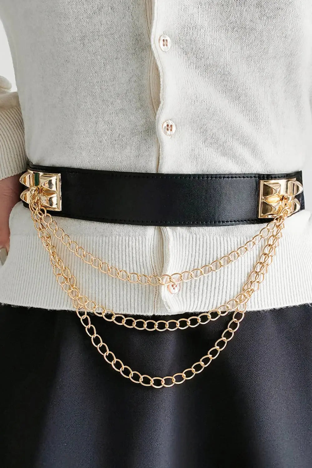 Black Elastic Belt with Triple Gold Chain