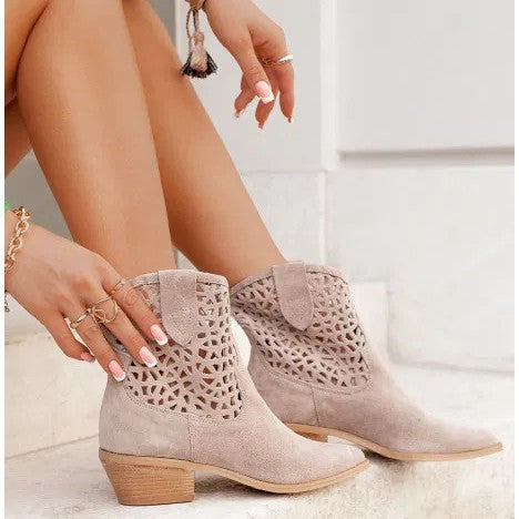 Womens Plus-Size Fashion Ankle Boots With Hollowed-Out Design And Chunky Heel See size chart under “more details”