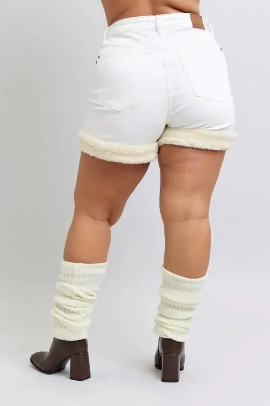 Judy Blue Jeans - Full Size High Waist Shearling Cuff Denim Shorts