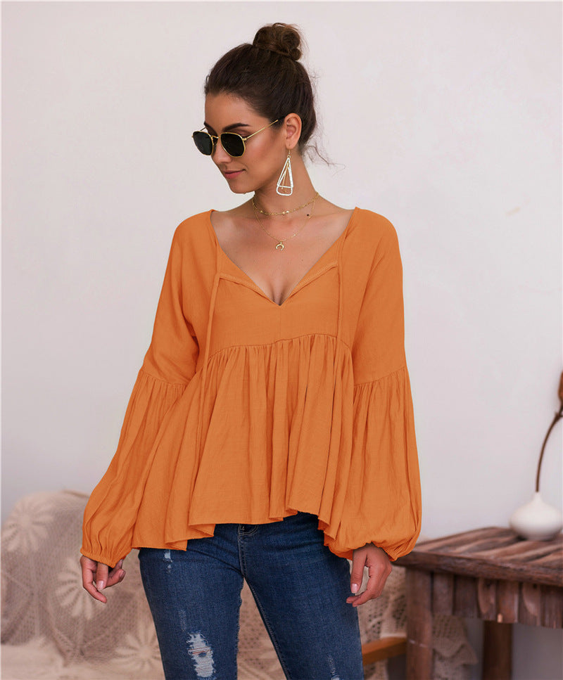Puff Sleeve Solid Color V-neck Blouse T-shirt