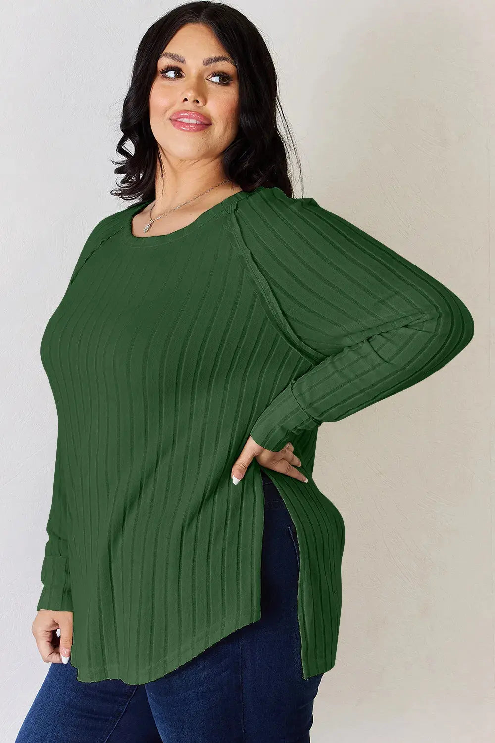 Basic Bae Ribbed Round Neck Slit Womens Long Sleeve T Shirt – Full & Plus Size