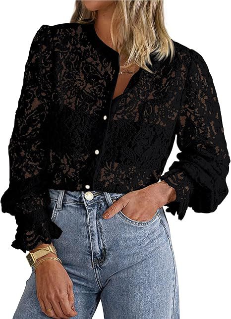 European And American Ladies Fashion Casual Lace Shirt Long Sleeve Button Shirt See size chart under “more details”