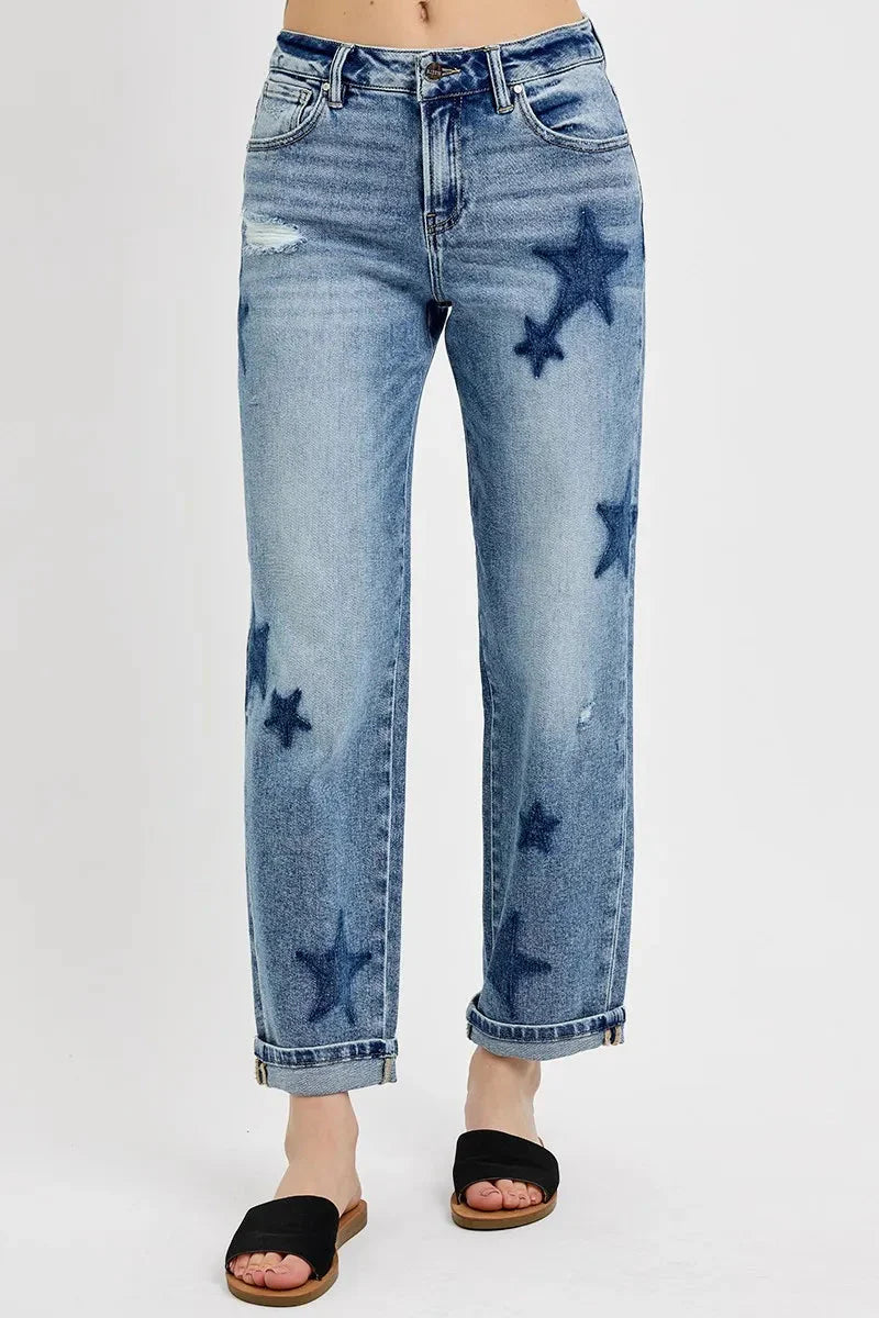 Full Size Mid Rise Boyfriend Star Shadow Detail Cuffed RISEN Jeans